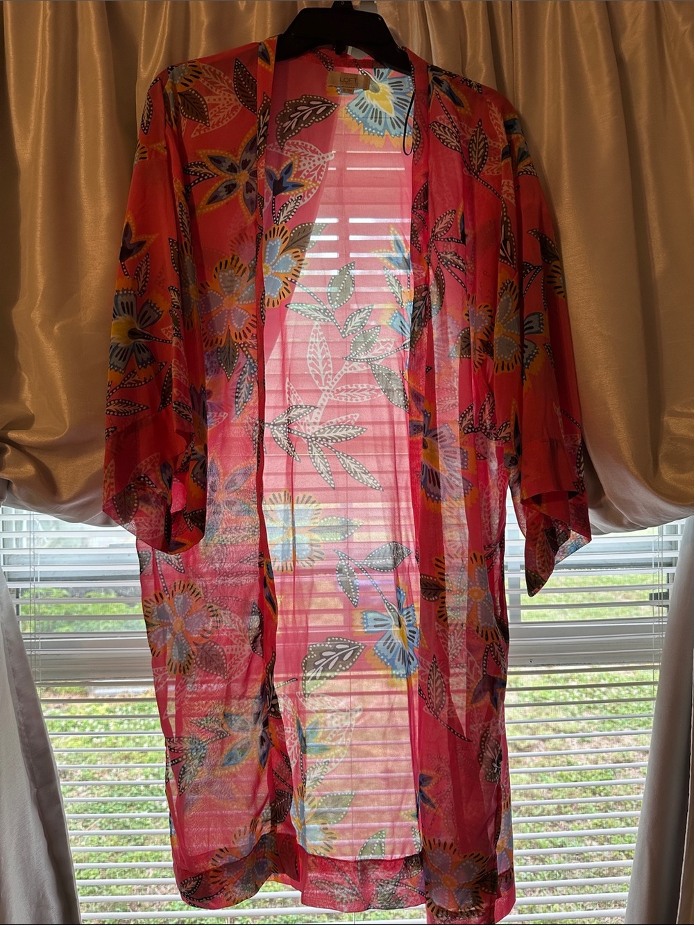 LOFT Floral Sheer Kimono in Coral with Blue and Yellow Accents